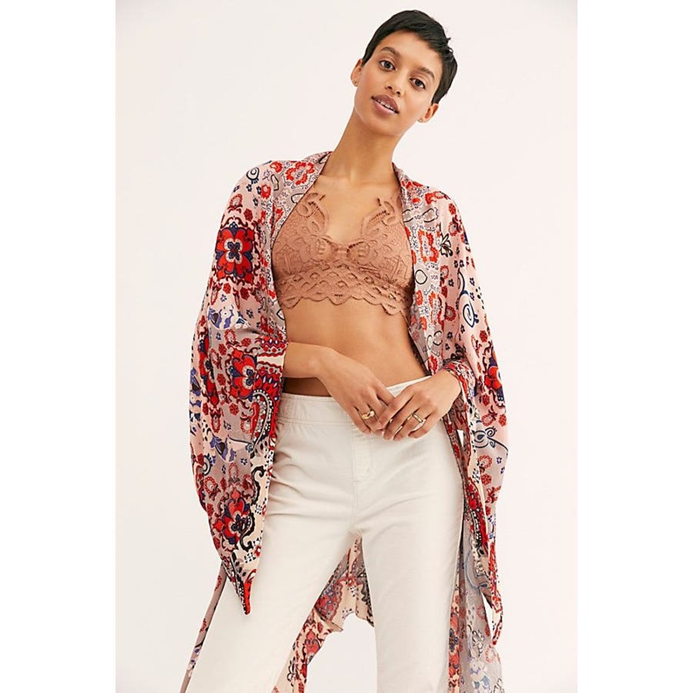Free People One Size Little‎ Wing Mix Kimono Red Boho Floral Draped Cardigan Top
